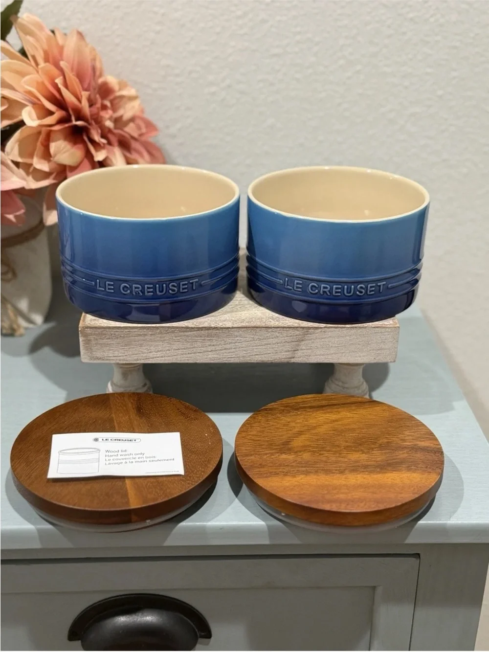 2 Le Creuset Stoneware Signature Storage Canister Wood Lid 16oz ~ AZURE BLUE